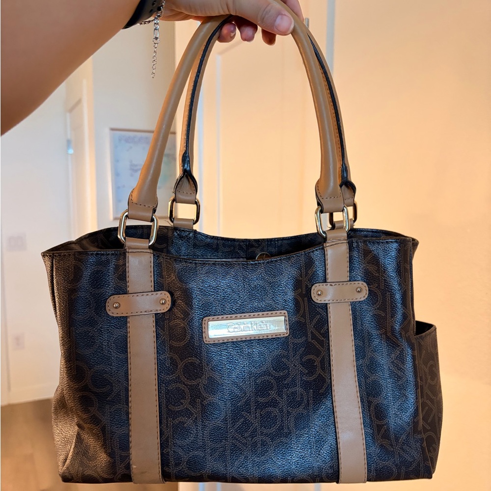 Calvin Klein Black and Tan Shoulder Bag